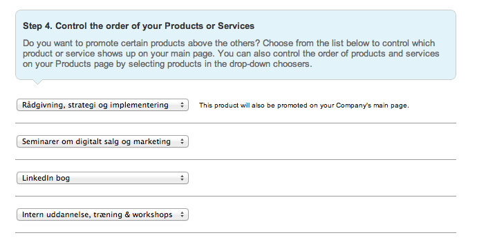 Bestem rækkefølgen af produkter på LinkedIn company page